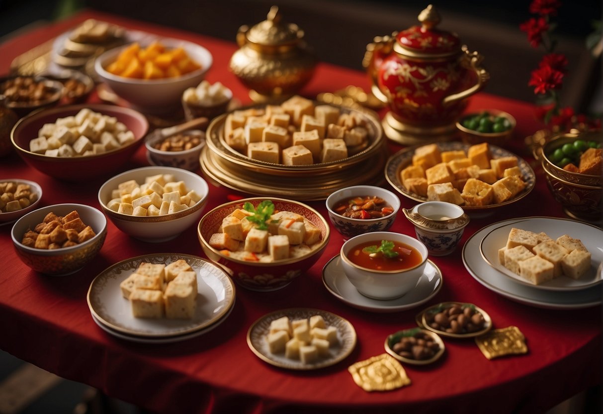 A table adorned with various traditional Chinese New Year tofu dishes. Red and gold decorations add to the festive atmosphere