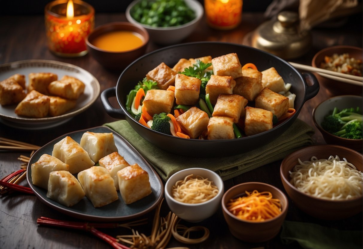 A table set with colorful dishes of tofu stir-fry, crispy tofu spring rolls, and tofu dumplings, surrounded by festive Chinese New Year decorations