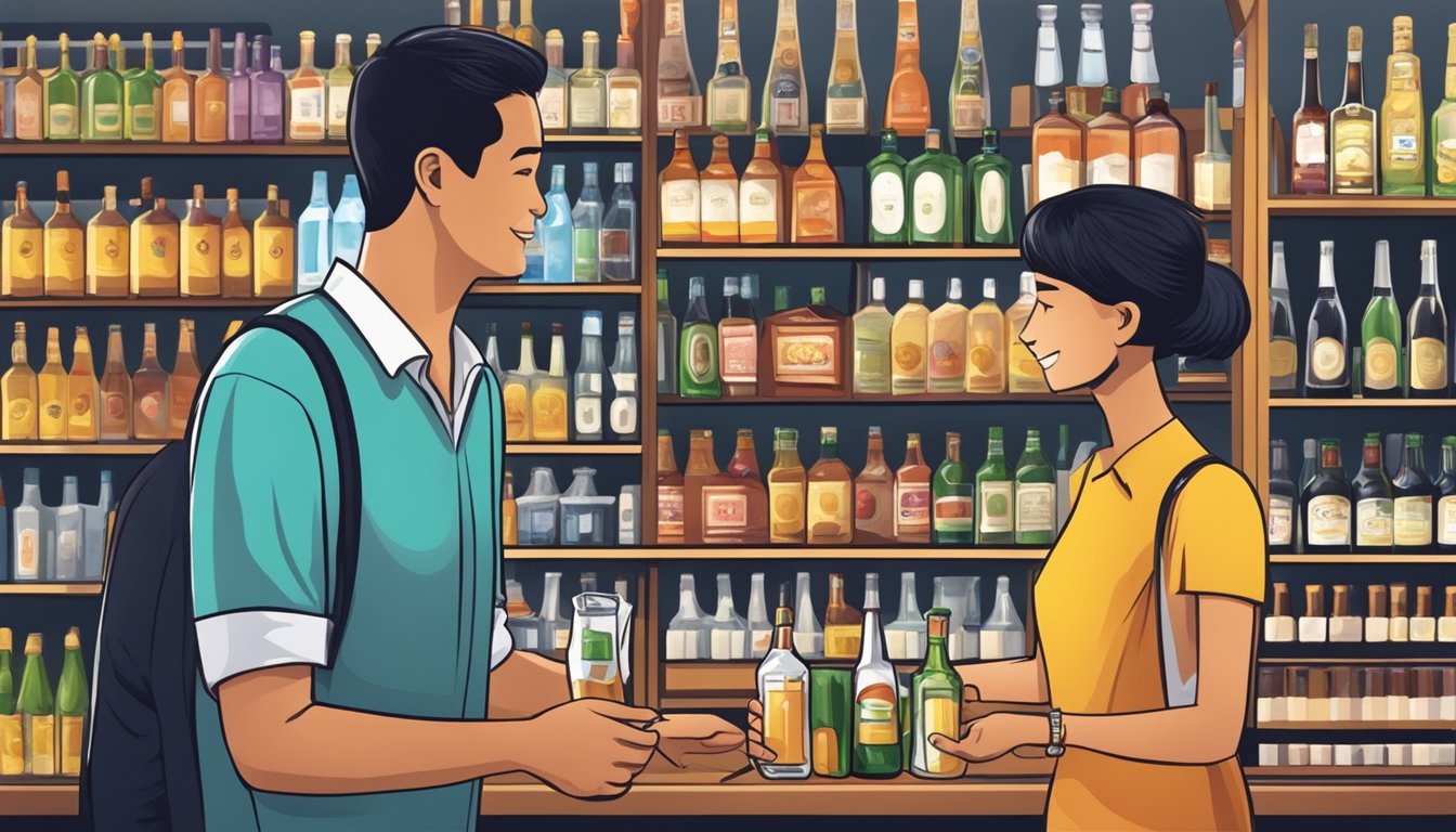 A store clerk sells alcohol to a customer in Singapore