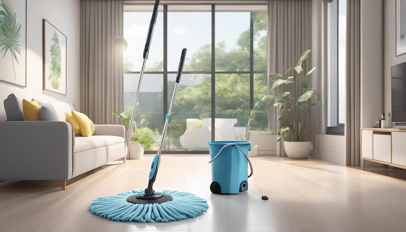 A spin mop displayed in a modern Singaporean home, with a clean and spacious setting. Bright lighting and a minimalist design