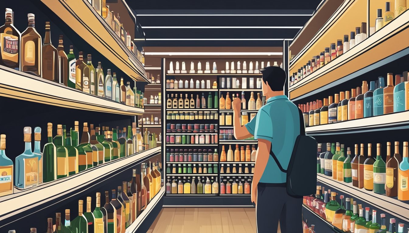 A customer at a liquor store in Singapore selects bottles from shelves with various types of alcohol on display