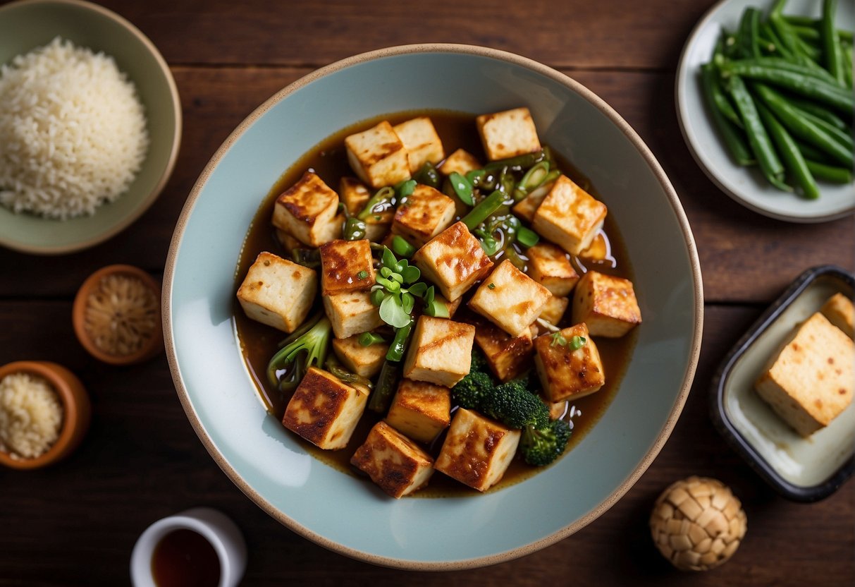 A table set with a variety of colorful and aromatic Chinese New Year tofu recipes, including stir-fried tofu, braised tofu, and tofu with mixed vegetables