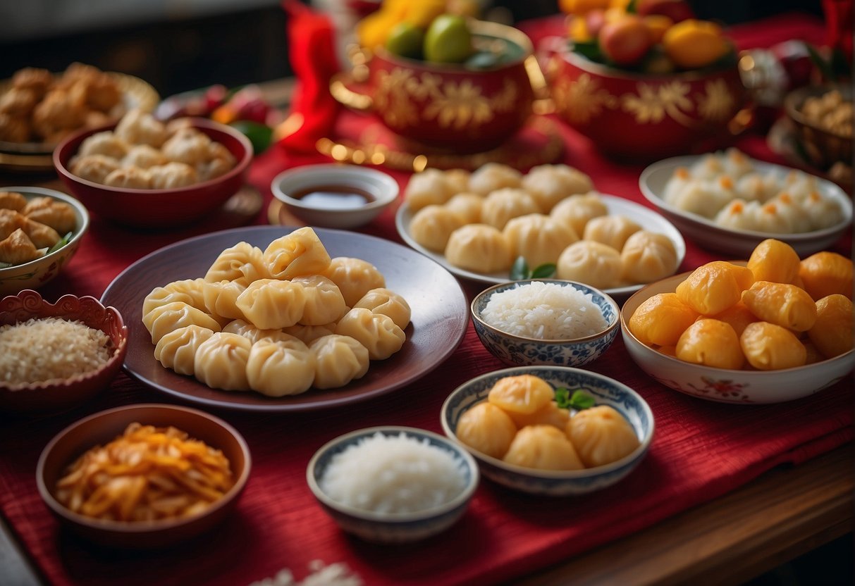 A table displays various Chinese New Year treats, including dumplings, spring rolls, and sweet rice cakes. Fruits and traditional desserts are also arranged for a festive display
