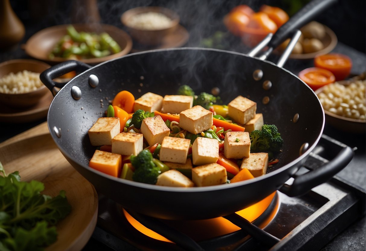 Tofu being stir-fried in a sizzling wok with colorful vegetables and aromatic spices, ready to be served on a festive Chinese New Year table