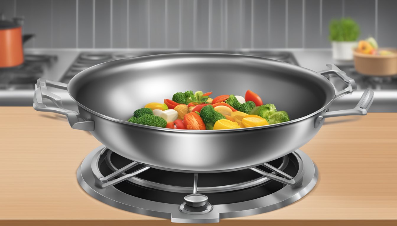 A stainless steel wok, 14 inches in diameter, sits on a gas stove with a wooden handle and a flat bottom