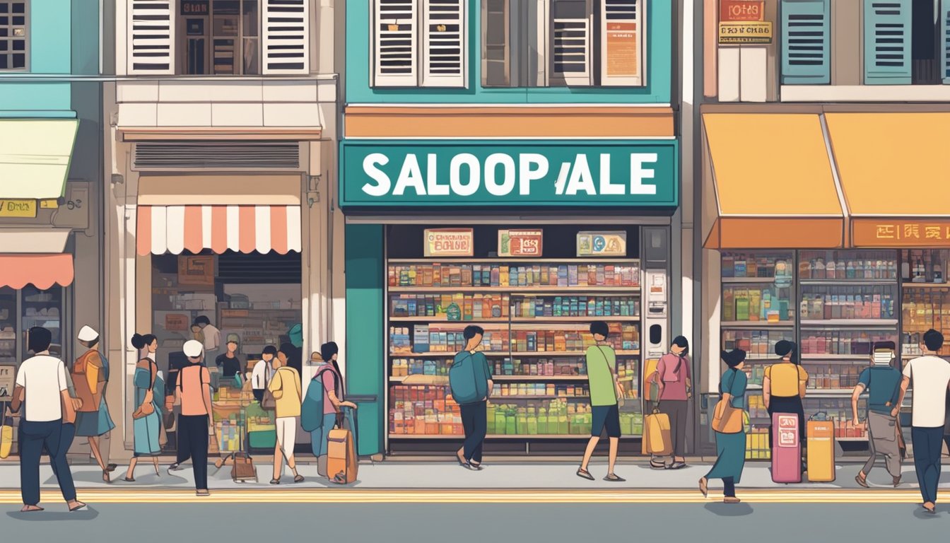 A bustling Singapore street with a prominent sign reading "Alcohol for Sale" in bold letters. People of various nationalities are seen browsing the shelves of a nearby convenience store