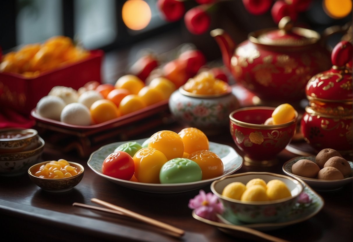 A table adorned with traditional Chinese New Year treats, including tangyuan, nian gao, and candied fruits, symbolizing sweetness and good fortune