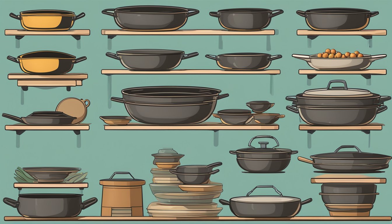 A variety of woks in different sizes and shapes displayed on shelves, with labels indicating their dimensions and suitable uses