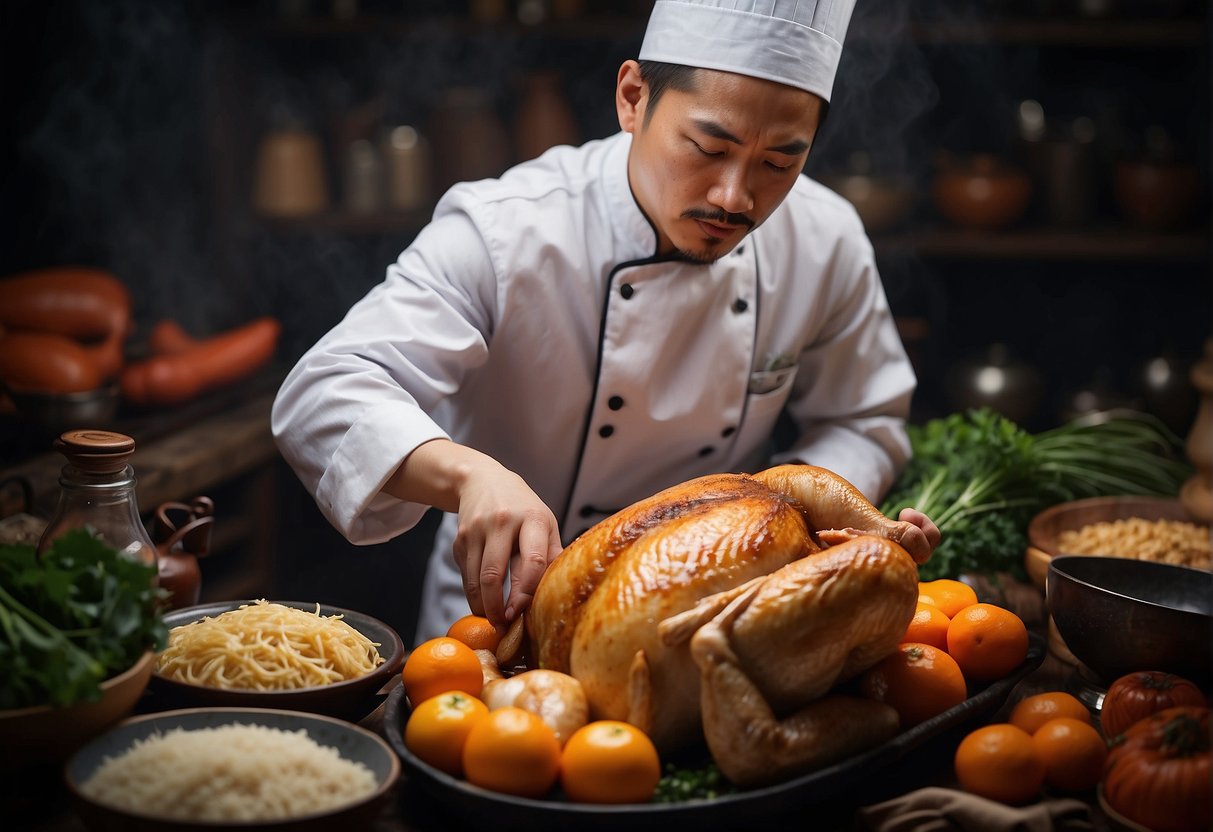 A chef carefully selects a whole chicken for a Chinese New Year recipe, surrounded by traditional ingredients and cooking utensils
