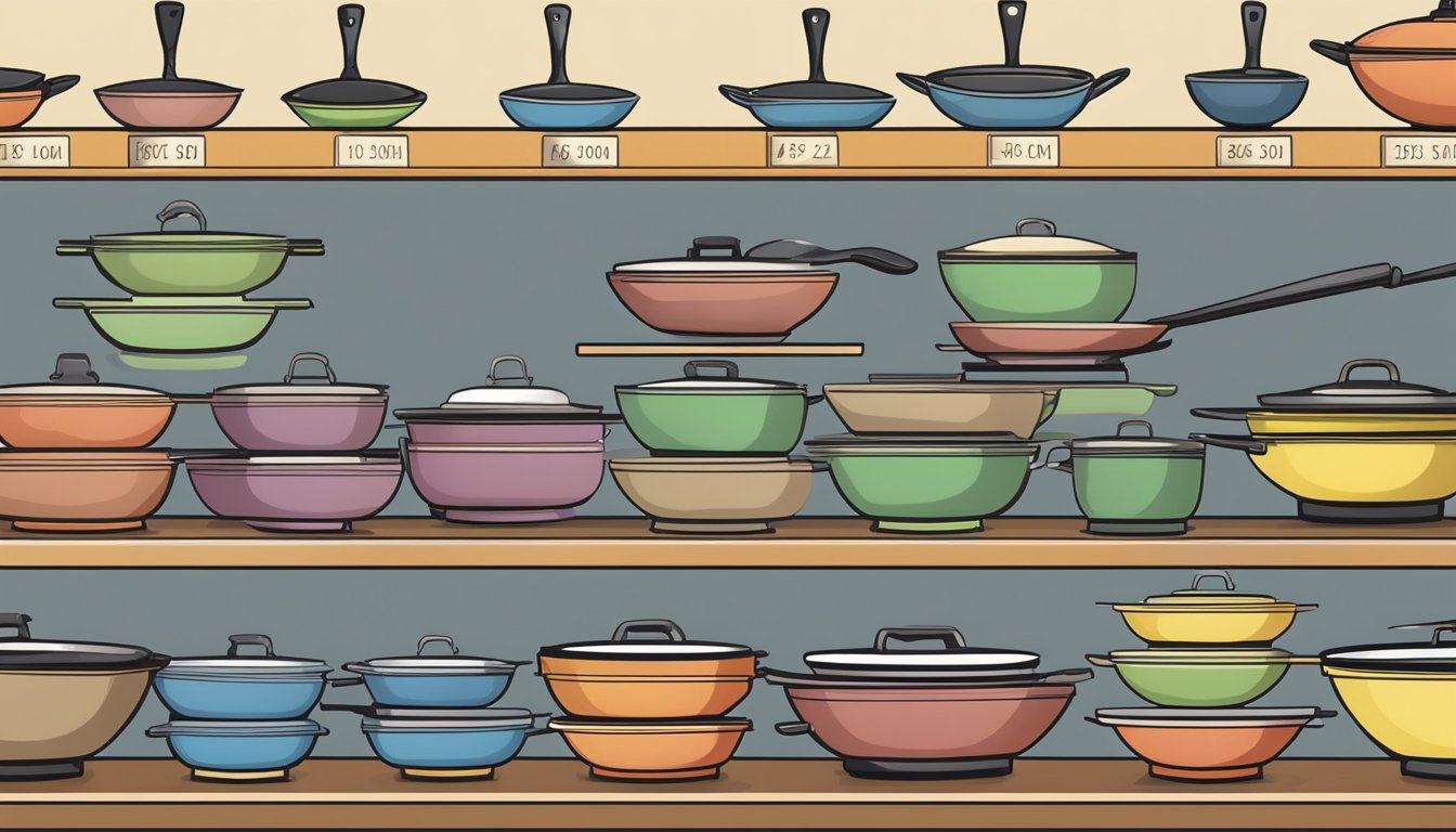 A wok selection guide: Various sizes lined up, from small to large, displayed on a shelf in a kitchenware store