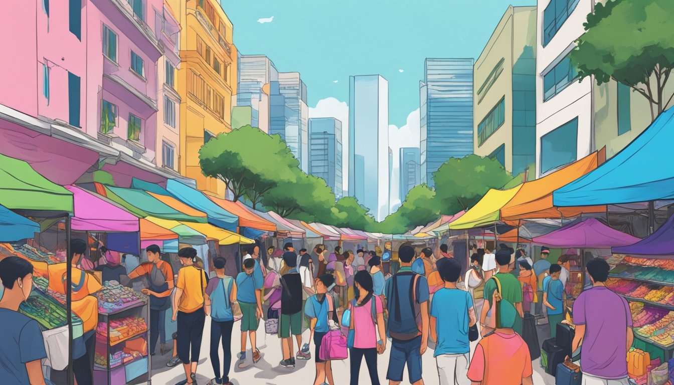 A bustling street market in Singapore, with vibrant stalls selling unique streetwear. Shoppers browse racks of edgy clothing and accessories, while graffiti-covered walls provide a colorful backdrop
