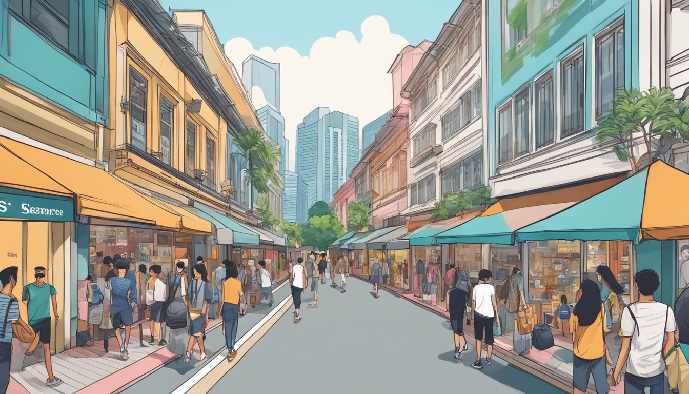 A bustling street in Singapore, with trendy shops and colorful storefronts, showcasing the latest streetwear fashion. Pedestrians browsing and chatting outside the stores
