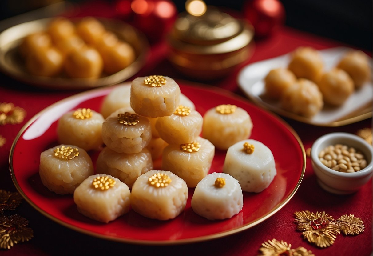 A table adorned with traditional Chinese New Year treats, including sweet rice cakes, dumplings, and sesame balls. Red and gold decorations add to the festive atmosphere
