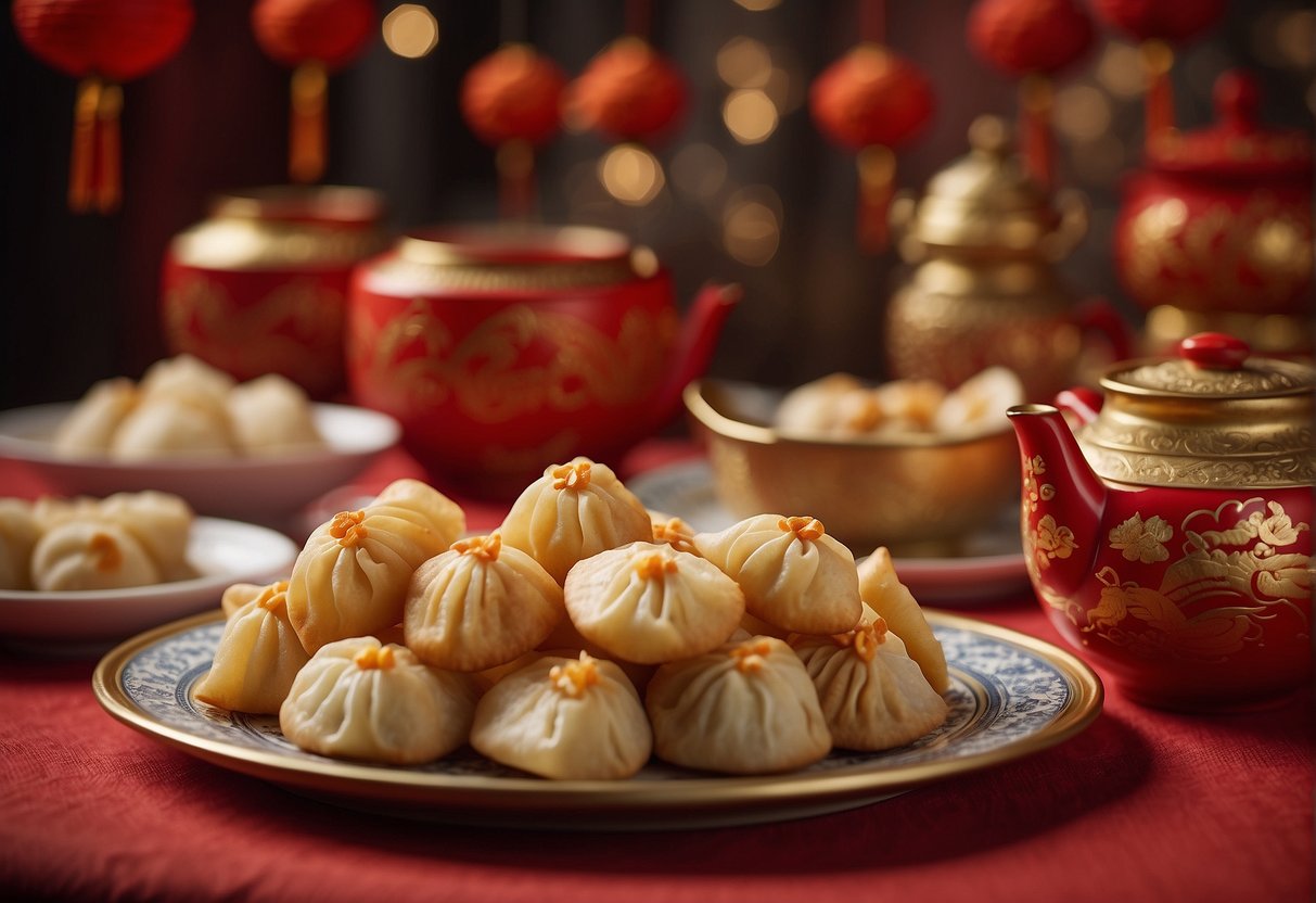 A table adorned with gluten-free Chinese New Year treats, including dumplings, spring rolls, and almond cookies. Red lanterns and paper dragons decorate the background