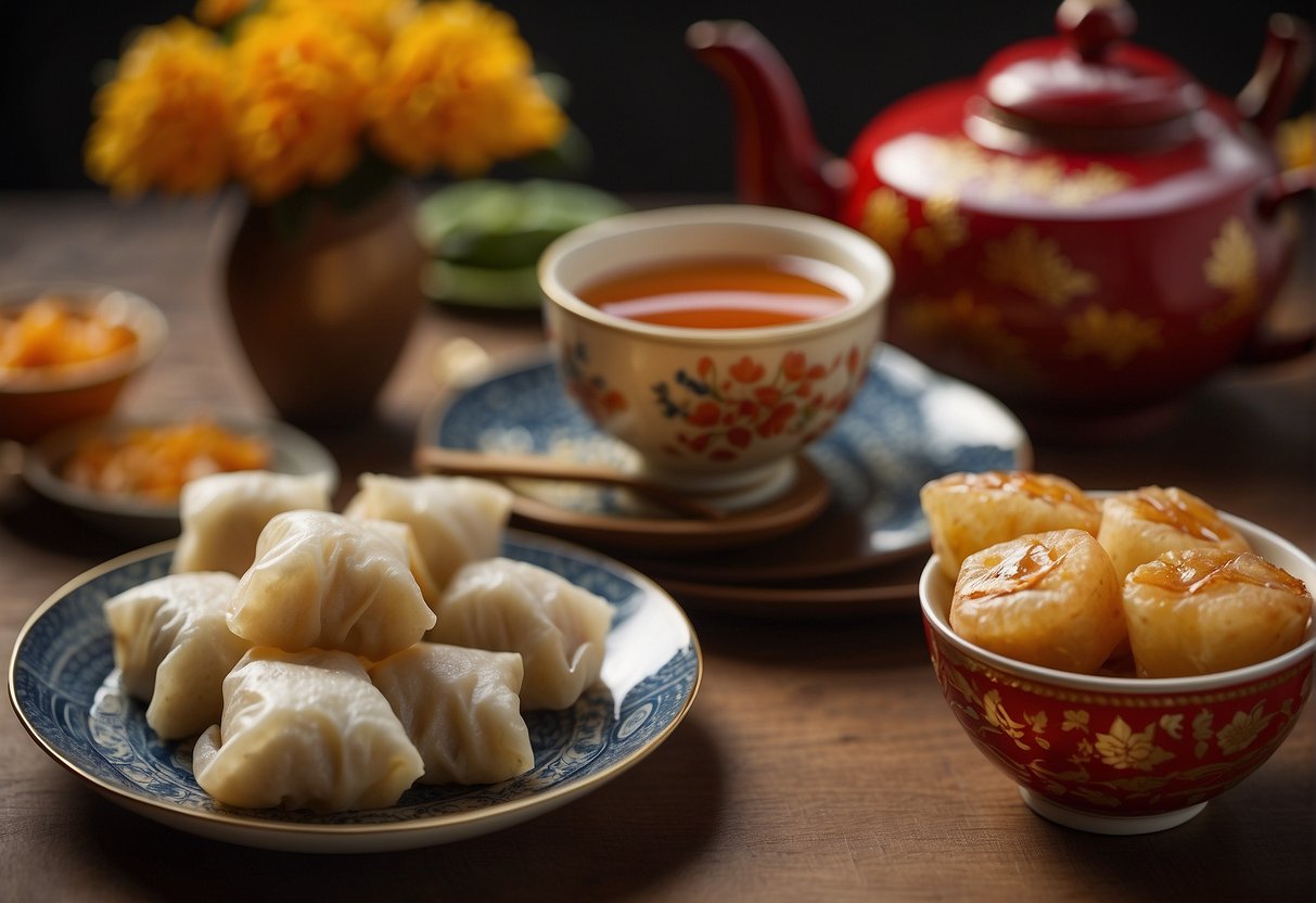 A table is set with traditional Chinese New Year treats, including dumplings, spring rolls, and sweet rice cakes. A pair of chopsticks and a teapot are ready for serving