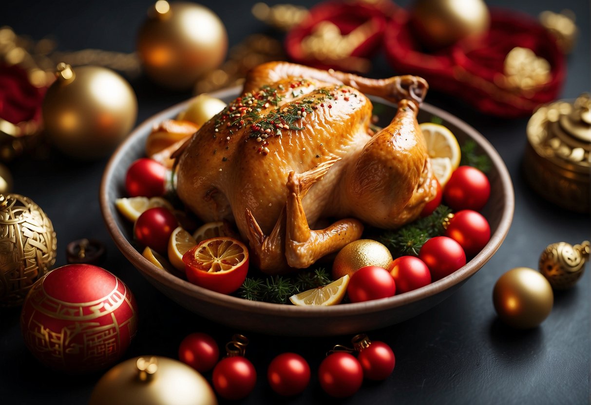 A whole roasted chicken adorned with vibrant red and gold decorations, surrounded by auspicious symbols and traditional Chinese New Year ornaments