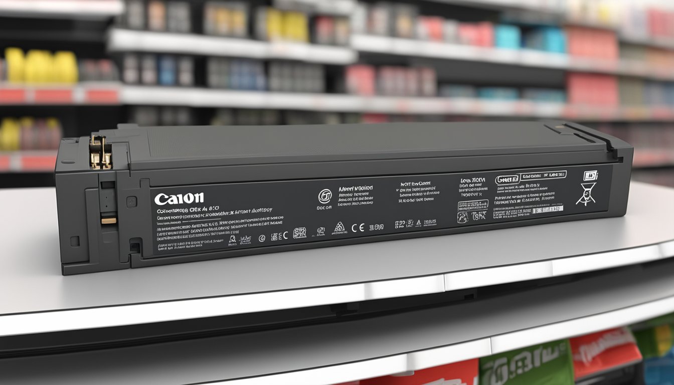 A Canon NB 13L battery pack sits on a shelf at Best Buy