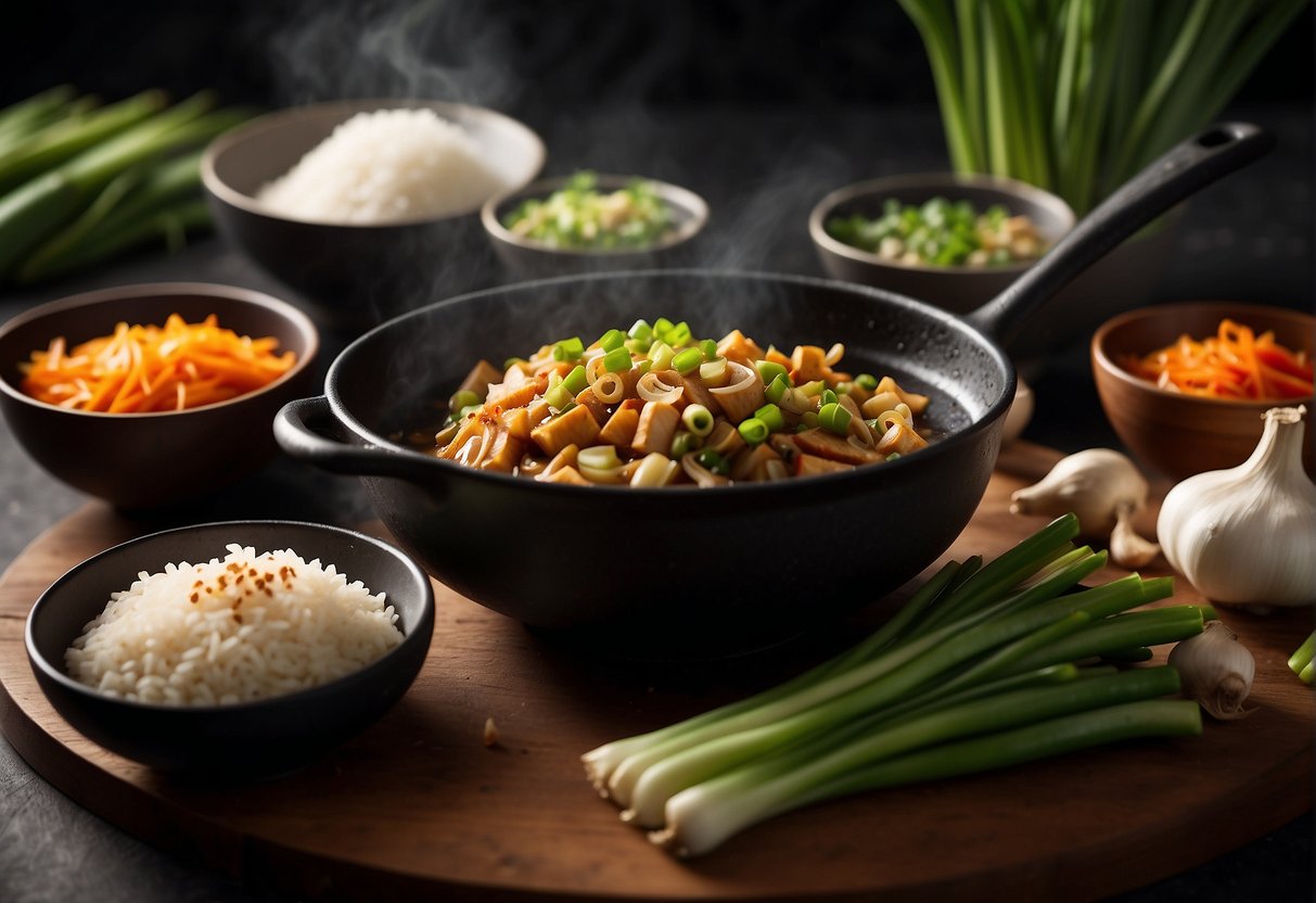A table set with soy sauce, ginger, garlic, and green onions. A wok sizzling with stir-fry vegetables and a pot simmering with rice