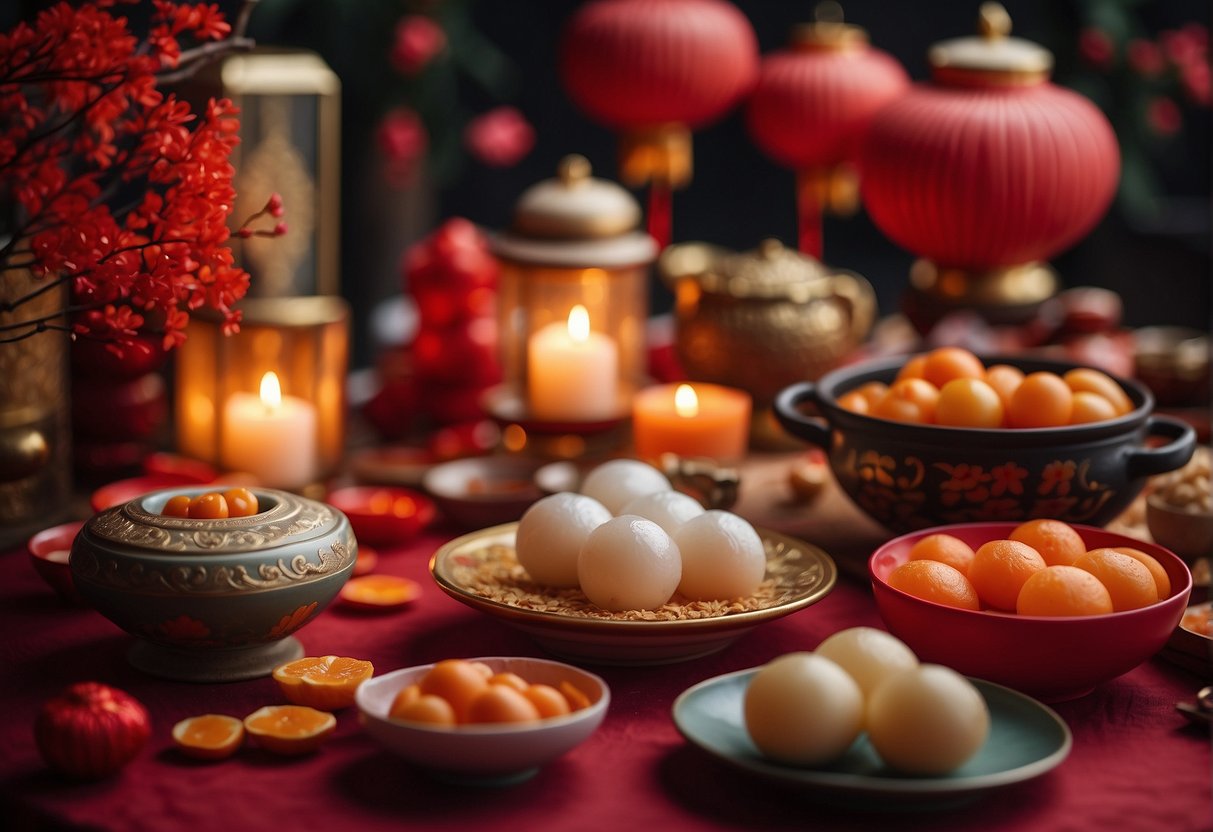 A table adorned with colorful Chinese New Year treats, including tangyuan, nian gao, and sweet rice balls, surrounded by decorative lanterns and red envelopes