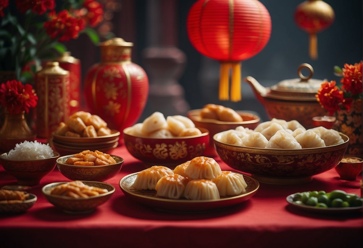 A table filled with various traditional Chinese New Year treats, including dumplings, spring rolls, and sweet rice cakes. Decorative red lanterns and lucky symbols adorn the background