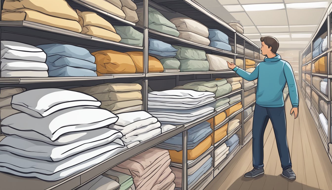 A person standing in a bedding store, holding two different types of duvets and comparing them. The shelves are filled with various options, and a salesperson is nearby offering assistance