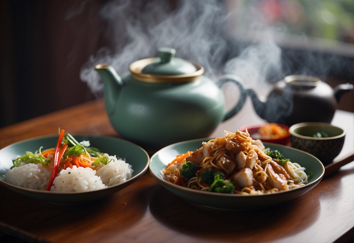 Two plates of steaming Chinese dishes on a table, with chopsticks and a teapot. The dishes are colorful and appetizing, showcasing the variety of flavors in Chinese cuisine
