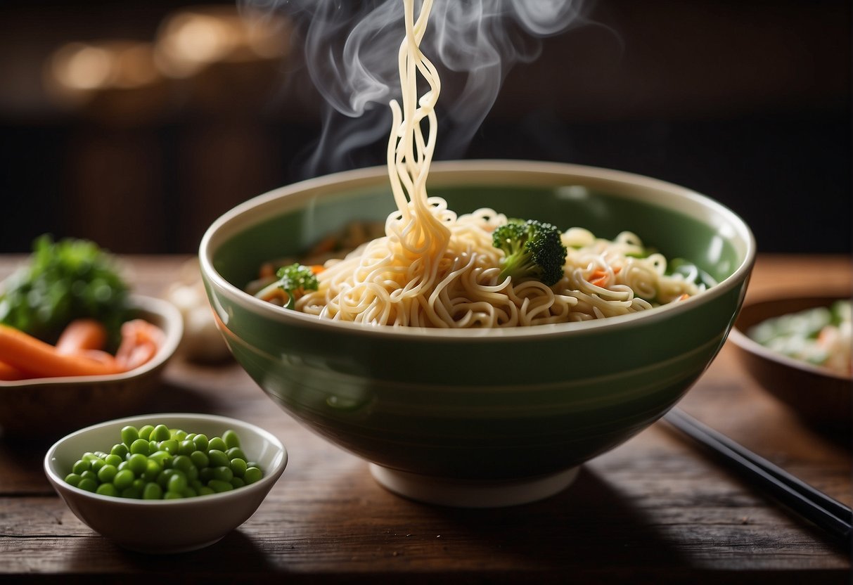 A steaming bowl of noodles and vegetables sits on a wooden table, surrounded by chopsticks and a bottle of soy sauce