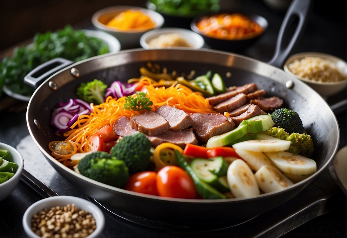 A sizzling wok filled with colorful vegetables and sliced meat, surrounded by various sauces and spices on a kitchen counter