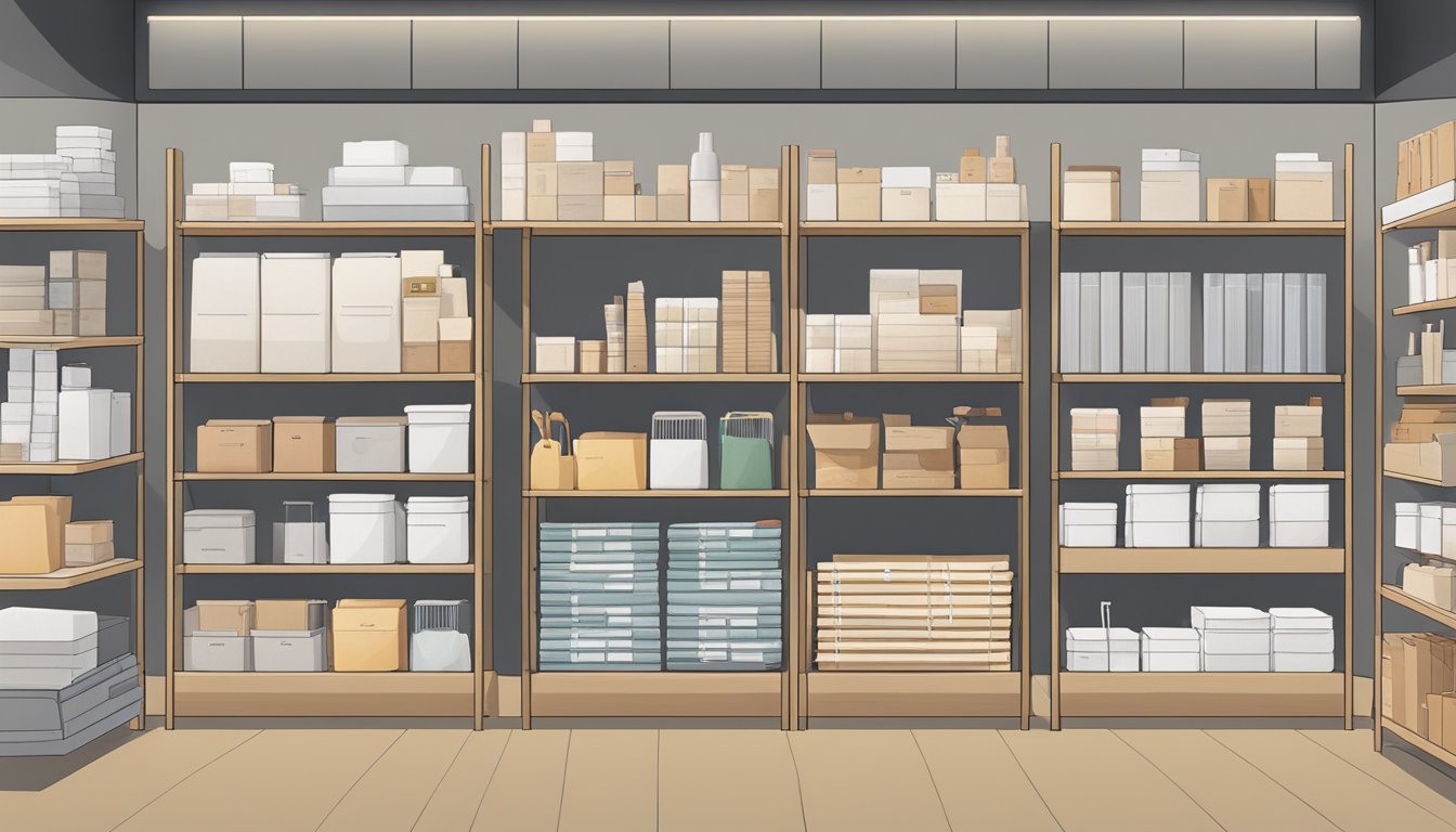 A shelf stocked with minimalist home goods and stationery at a Muji store in Singapore