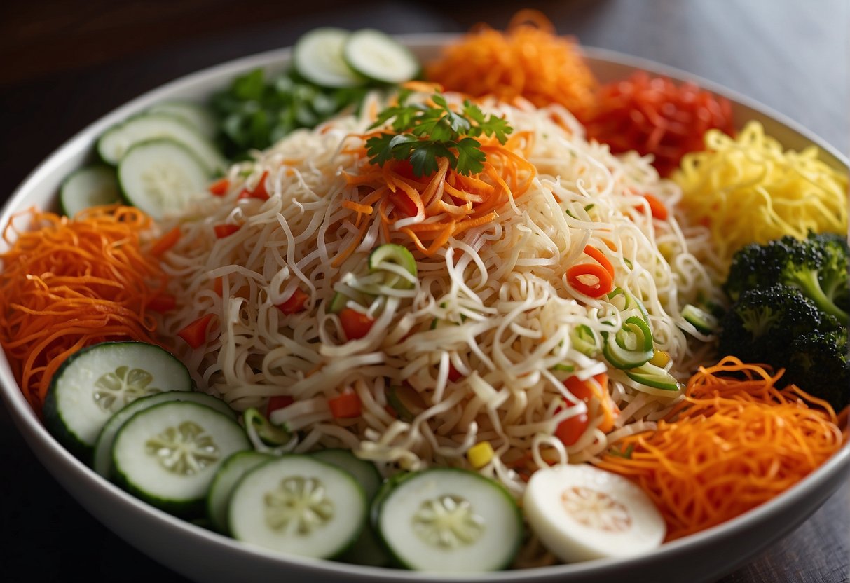 A colorful array of shredded vegetables, fish, and sauces arranged in a large bowl, ready to be tossed together for the traditional Chinese New Year yee sang dish