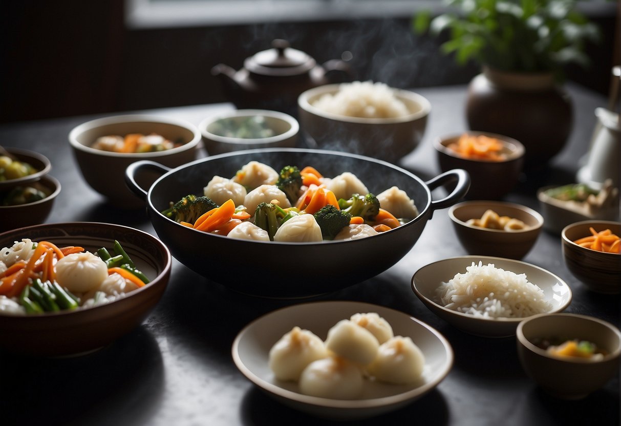 A table set with steaming bowls of stir-fried vegetables, rice, and dumplings. Chopsticks and a teapot complete the scene