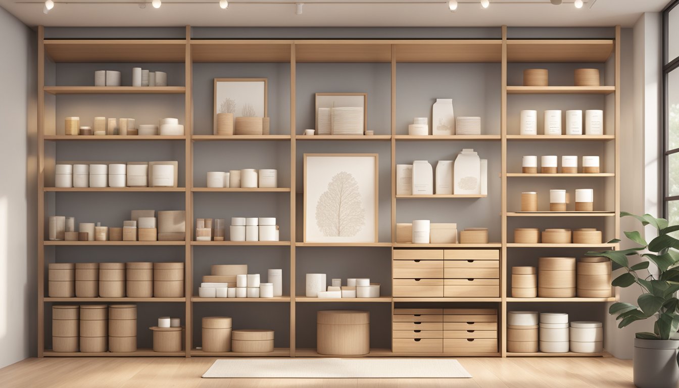 A display of essential Muji products arranged neatly on shelves in a serene, minimalist setting, with soft lighting and natural wood accents