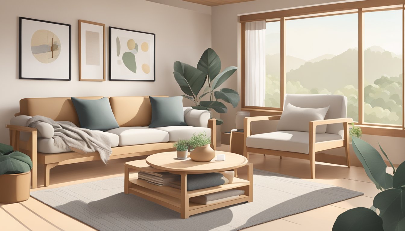 A cozy living room with minimalist furniture and Muji home essentials, including storage boxes, natural fiber rugs, and simple decor