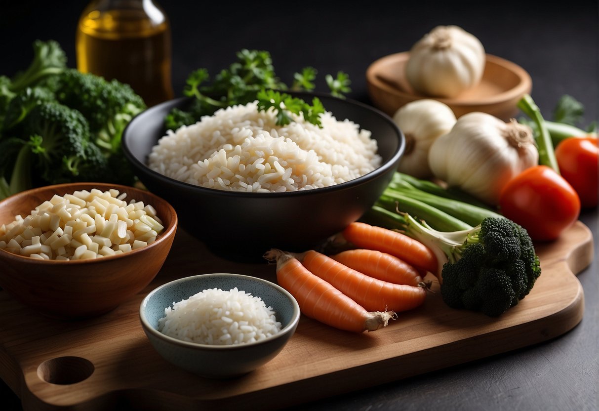 Fresh vegetables, tofu, soy sauce, garlic, ginger, and rice. Optional substitutes: chicken, beef, or shrimp. A wok and cooking utensils on a clean kitchen counter