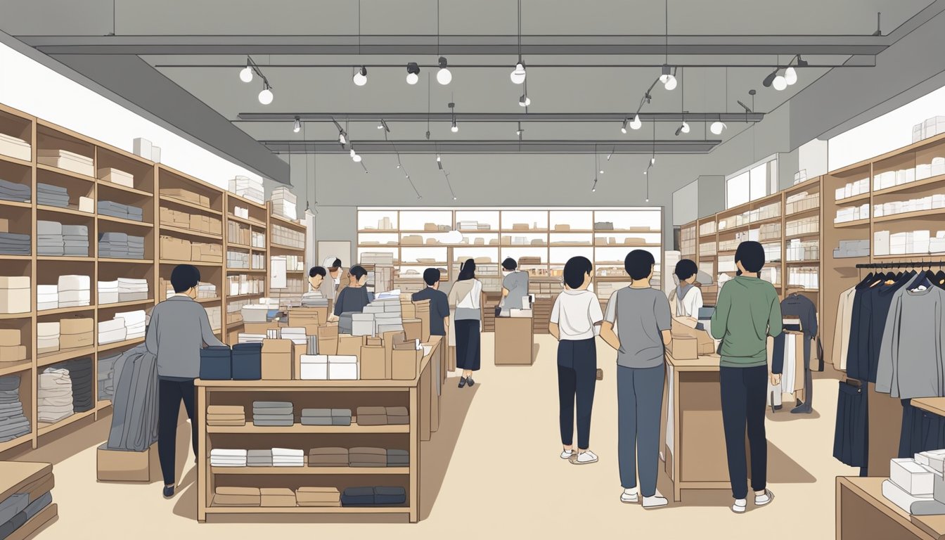 A busy Muji store in Singapore, with shelves of minimalist home goods and clothing. Customers browsing and staff assisting