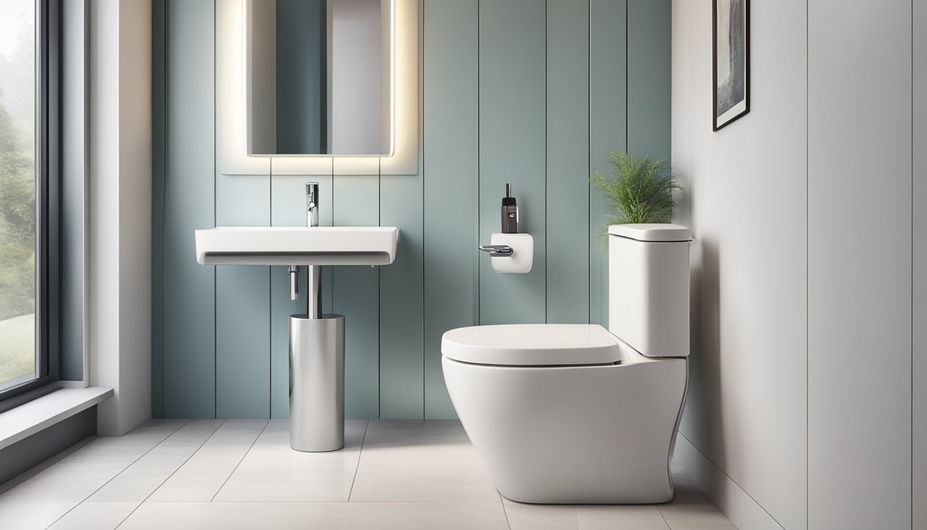 A modern bathroom with sleek white walls and a chrome toilet roll holder mounted next to the toilet