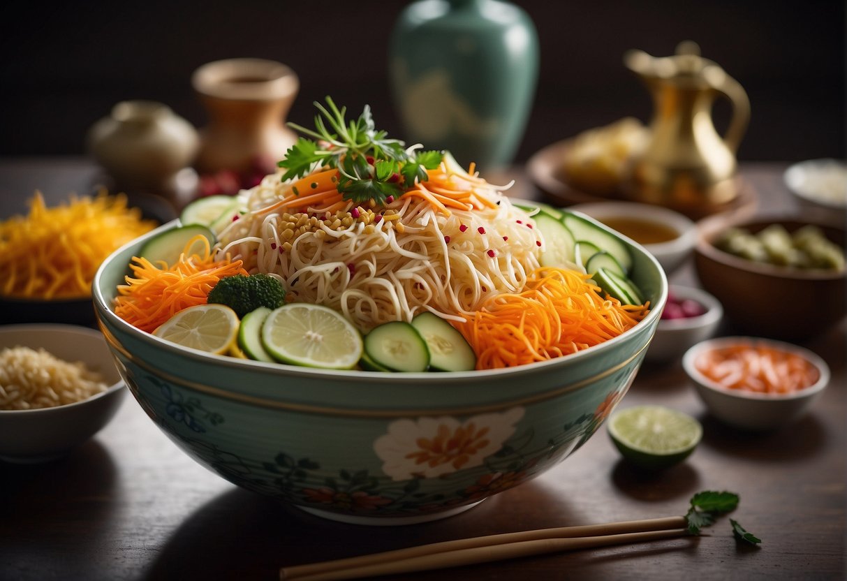 A colorful array of fresh and pickled vegetables, raw fish, and crunchy toppings arranged in a large bowl, symbolizing prosperity and good luck for the Chinese New Year tradition of Yee Sang