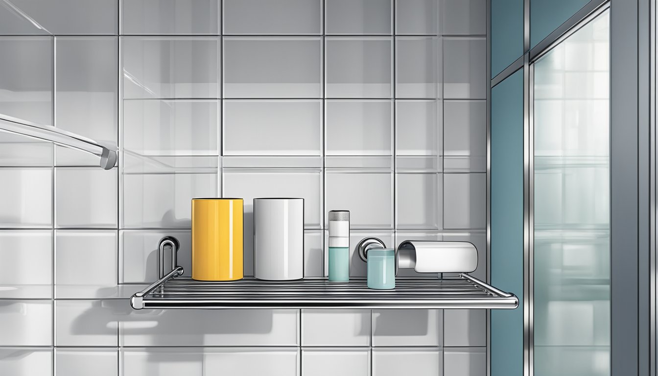 A hand reaches for a sleek chrome toilet roll holder on a shelf in a modern bathroom accessories store in Singapore