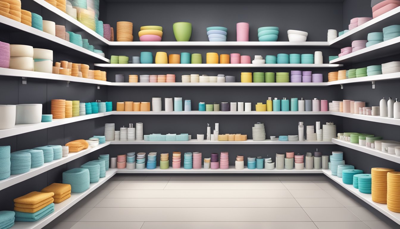 A modern bathroom accessories store in Singapore. Shelves lined with various toilet roll holders in different styles and materials. Brightly lit and neatly organized
