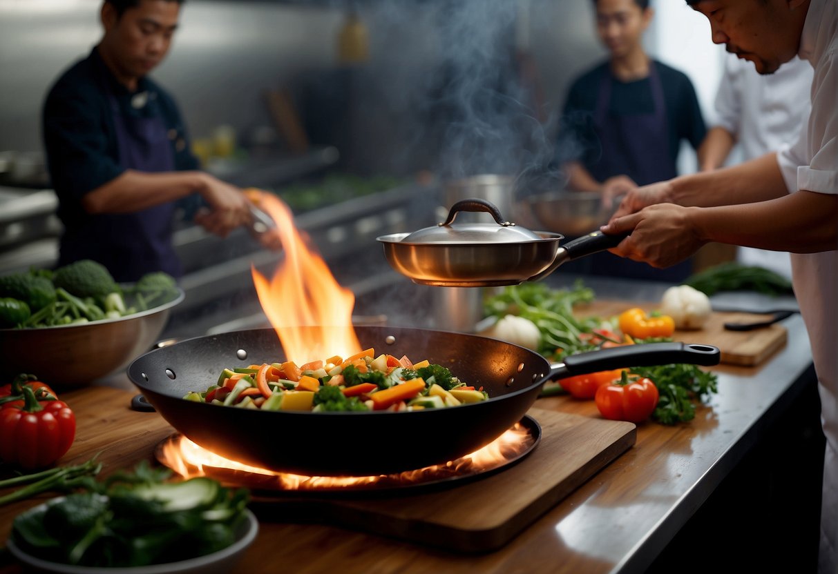 A wok sizzles over a gas flame as a chef tosses vegetables with a metal spatula. Nearby, a cleaver rests on a wooden cutting board next to a pile of fresh ingredients
