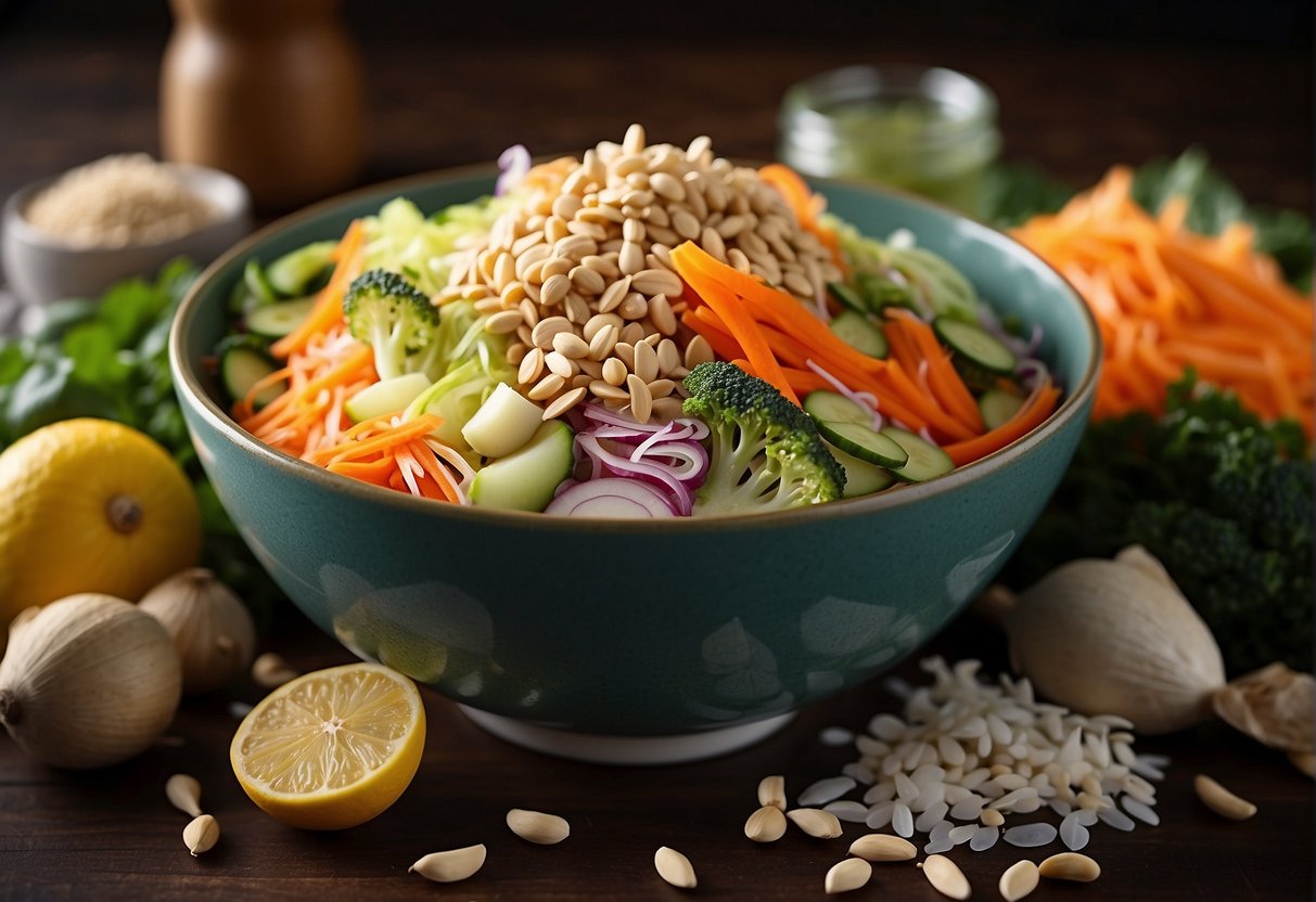 A colorful array of shredded vegetables, pickled ginger, crushed peanuts, sesame seeds, and slices of raw fish arranged in a large bowl