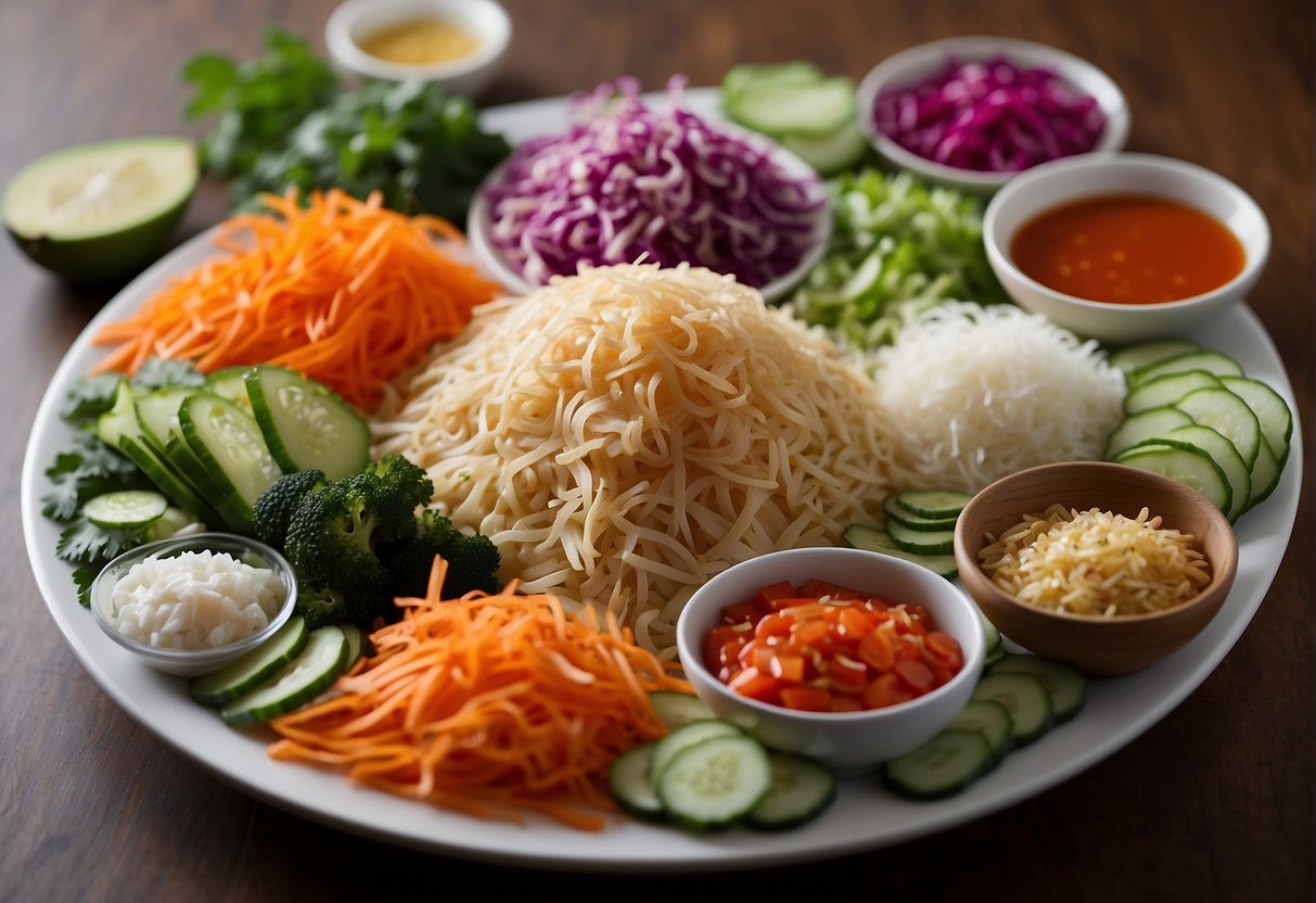 Ingredients arranged on a table, including shredded vegetables, sauces, and toppings, ready to be mixed together to create the traditional Yee Sang dish for Chinese New Year