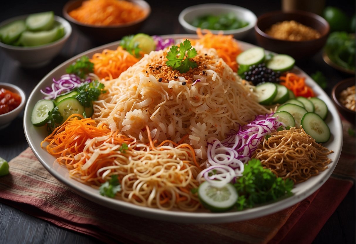 Colorful ingredients arranged around a large bowl of yee sang, with various garnishes and seasonings being sprinkled and drizzled over the dish