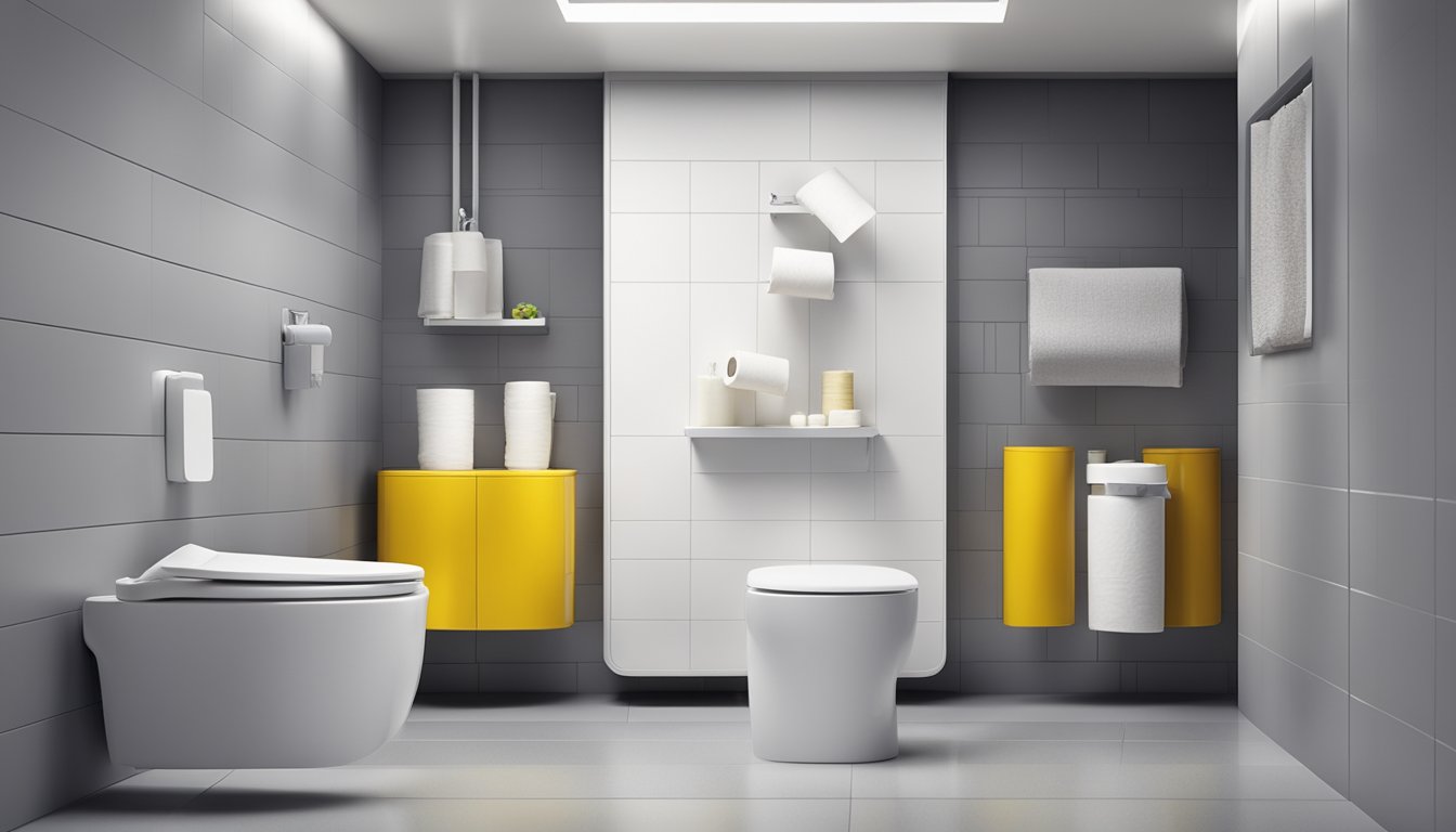 A bathroom with a modern toilet roll holder mounted on the wall, surrounded by various brands of toilet paper