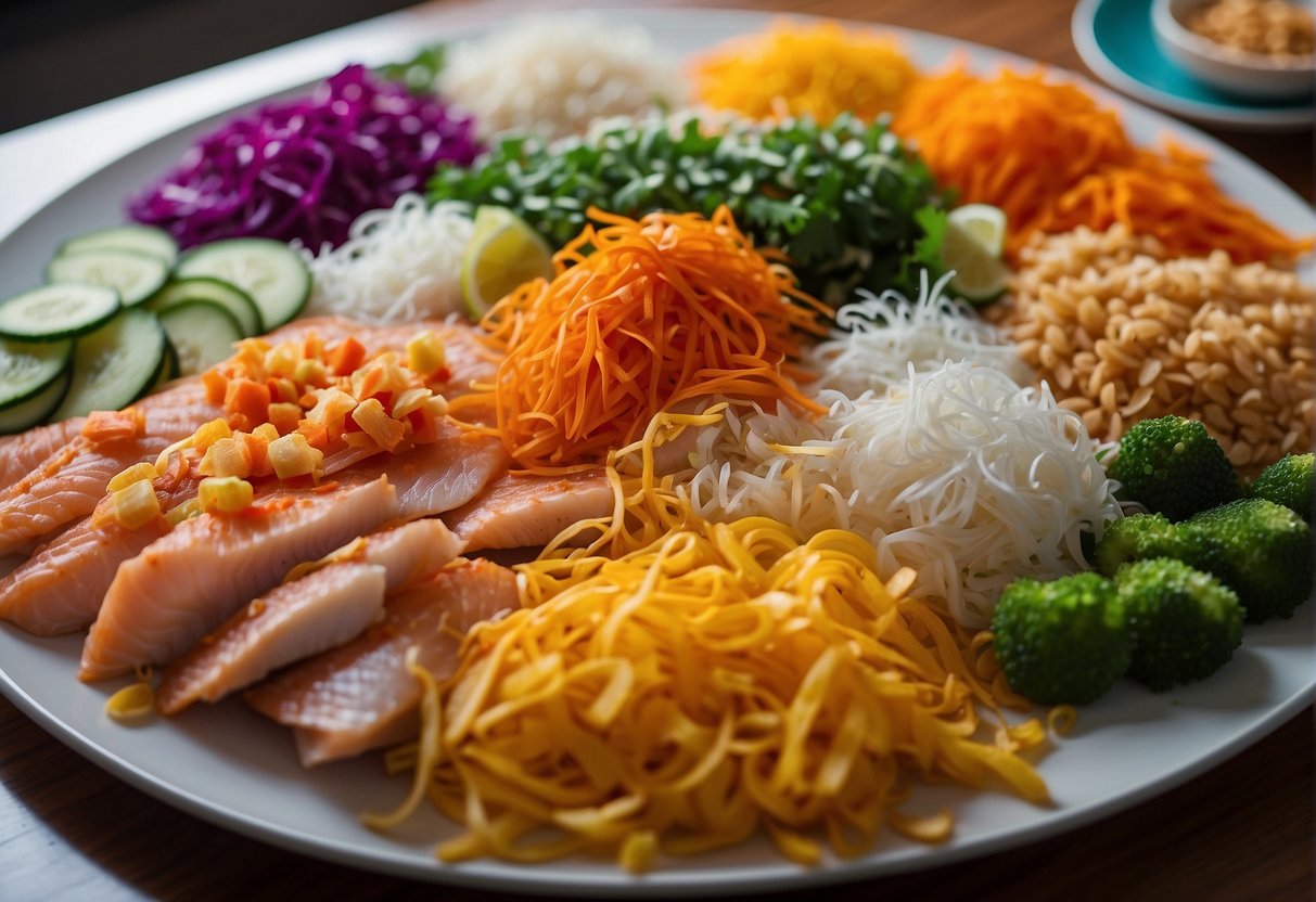 A colorful spread of fresh fish, shredded vegetables, and crunchy toppings arranged on a large platter, ready to be mixed together for a festive Chinese New Year yee sang celebration