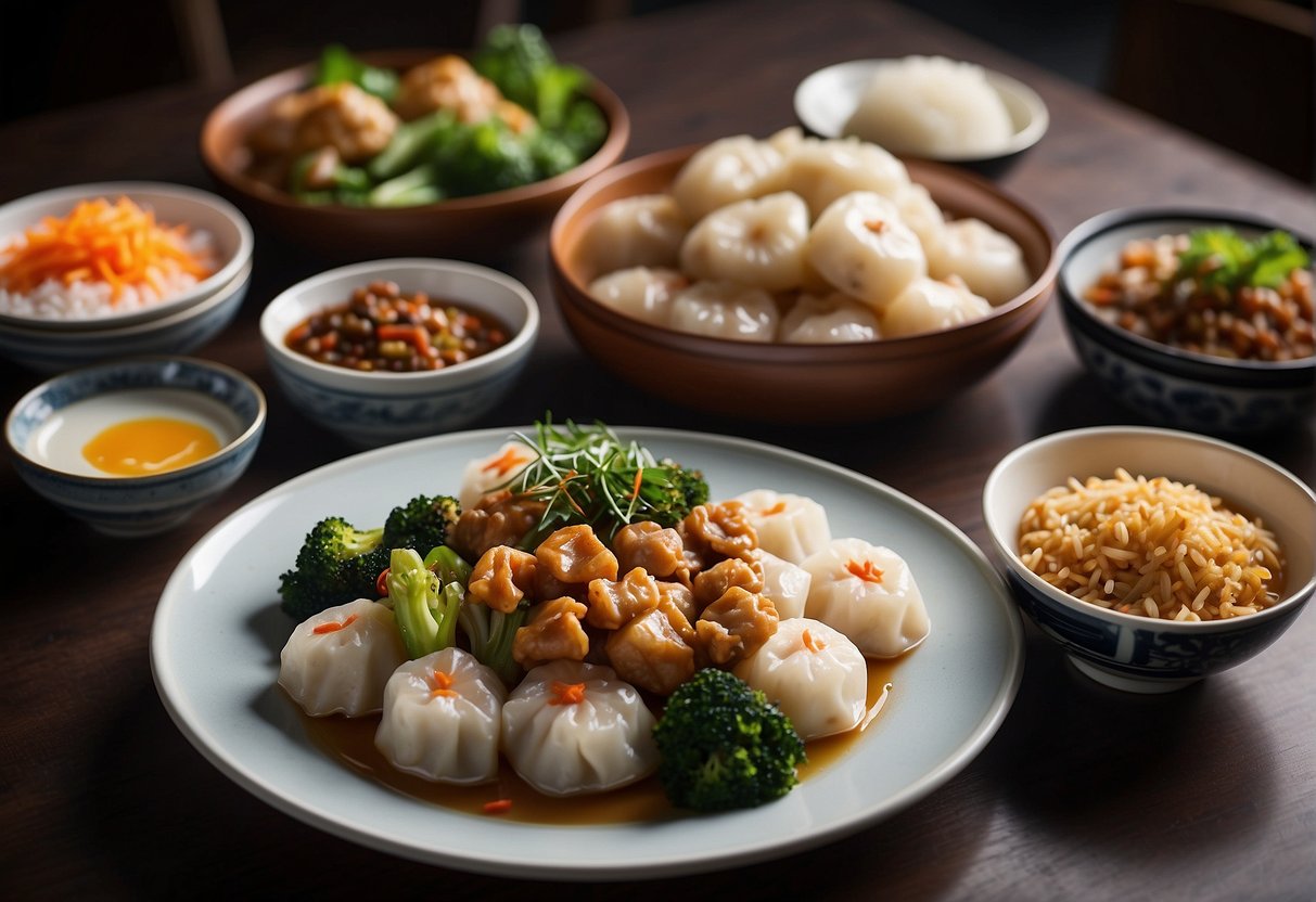 A table set with various simple Chinese dishes, including steamed dumplings, stir-fried vegetables, and fried rice