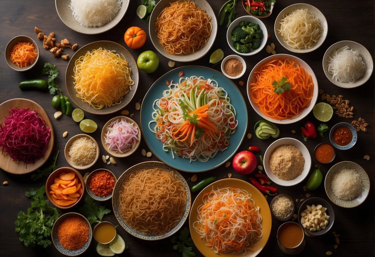 A colorful table spread with various ingredients for making yee sang, including shredded vegetables, sauces, and toppings, with a festive Chinese New Year backdrop