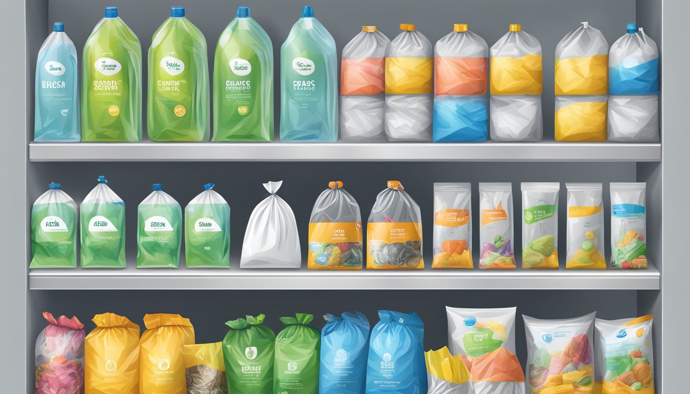 A store shelf holds various brands of trash bags in Singapore. Bright packaging and clear labeling catch the eye