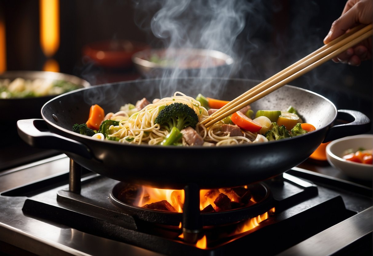 A wok sizzles with stir-fried vegetables and meats, while a pot simmers with fragrant broth. Steam rises as chopsticks hover over a bowl of steaming noodles