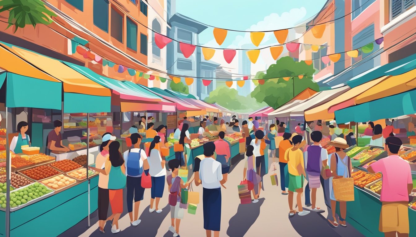 A colorful street market in Singapore, with vendors selling traditional snacks like tutu kueh. Brightly colored stalls and bustling crowds create a lively atmosphere